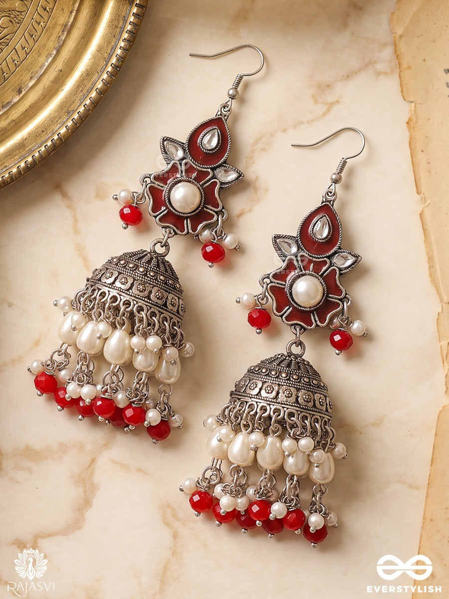 Manika – Oxidised Jhumka Earrings With Pearl Clusters And Red Bead Accents