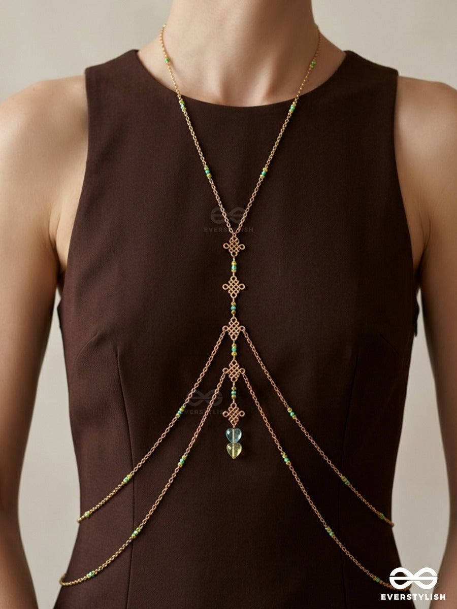 Sea Sprig – Layered Golden Body Chain With Pastel Bead Accents And Aqua Stones
