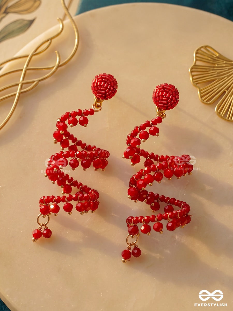 Crimson Petal – Statement Spiral Earring With Faceted Red Beads