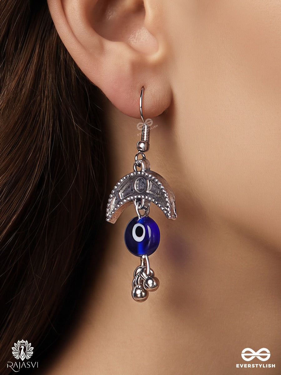 Chandranazar – Oxidised Crescent Earrings With Blue Nazar Beads And Ghungroo Drops