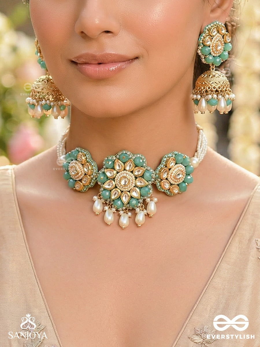 Maugdhya - The Treasured Innocence - Beads, Pearl Drops, Polki & Kundan Hancrafted Set With Choker Neckpiece And Earrings