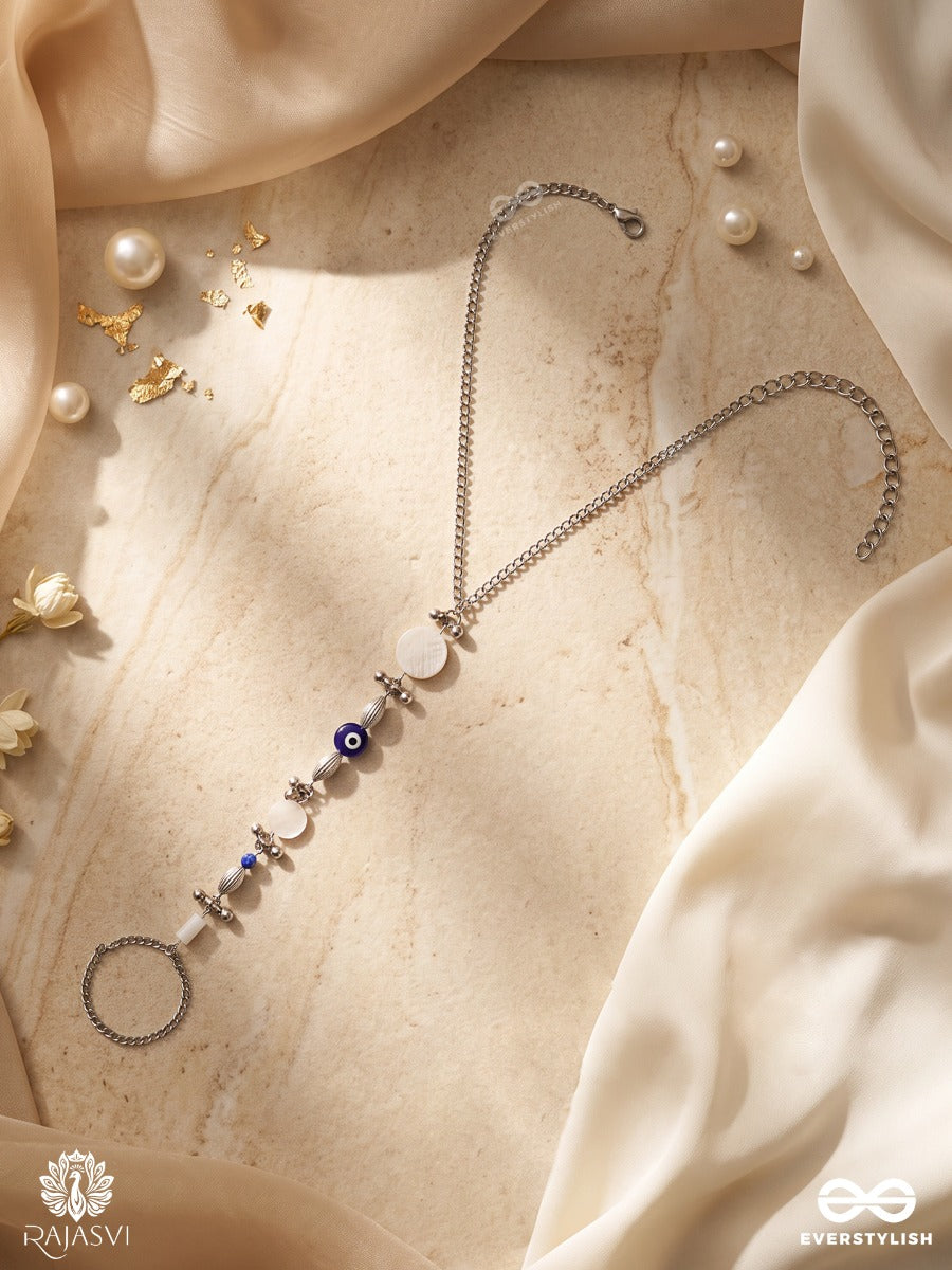 Nayantara – Oxidised Anklet (Single) With Blue Evil-Eye And White Beads