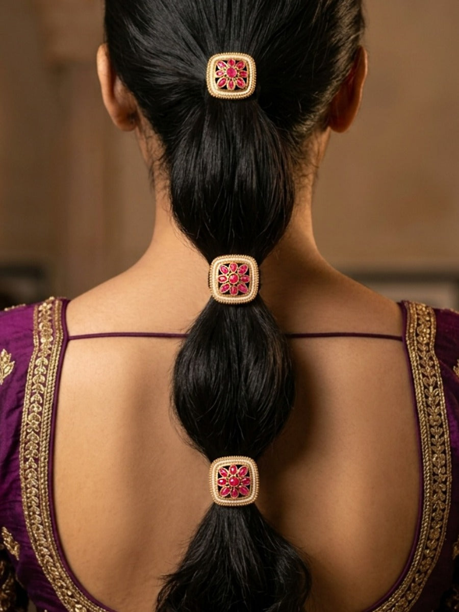 Pushkala - Abundant Beauty - Pack Of 3 Hair Accessories With Pink Floral Kundan-Style Motifs, Pearl Edging And Ornate Golden Details