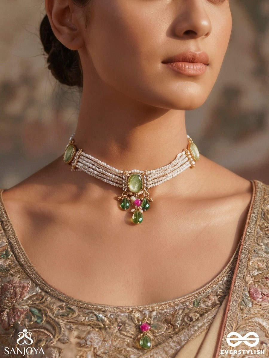 Ambuprabha – Radiance Of The Waters – Elegant Multi-Strand Necklace With Pearl Layers, Carved Green Stones And Crystal Drop Accents