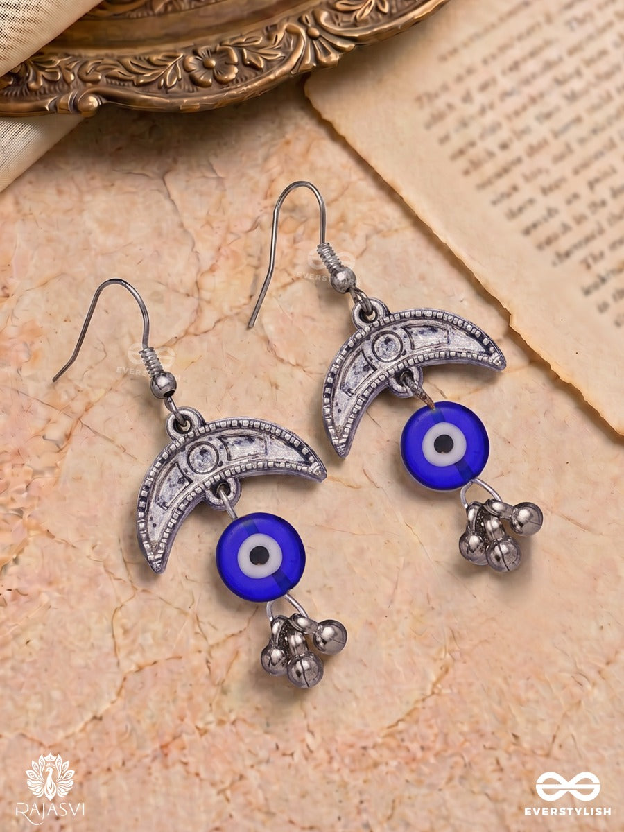 Chandranazar – Oxidised Crescent Earrings With Blue Nazar Beads And Ghungroo Drops