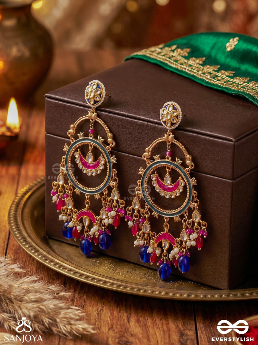 Priyamvada – Sweet-Spoken – Ornate Earrings With Circular Meenakari Frame, Pearl Accents And Cobalt Drop Beads