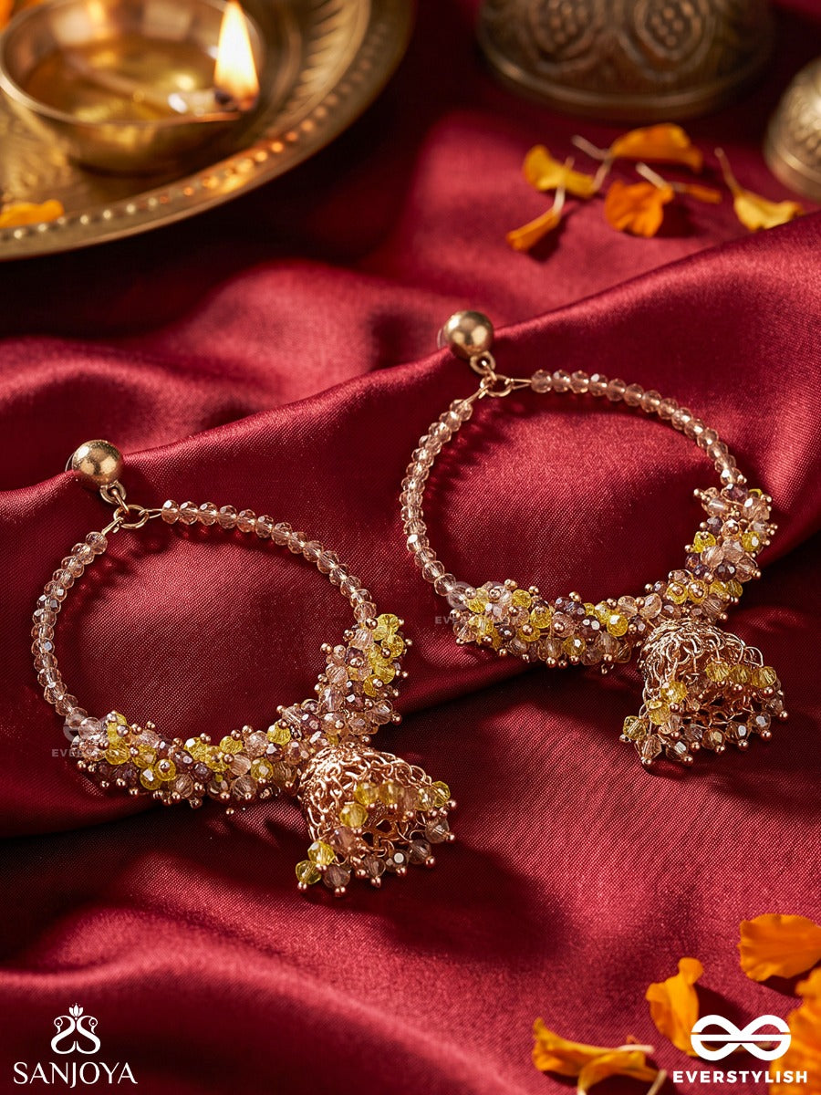 Mohrang – Enchanting Hues – Heritage Hoop Earrings With Intricate Bead Clusters, Mini Jhumka Danglers And Golden Framework