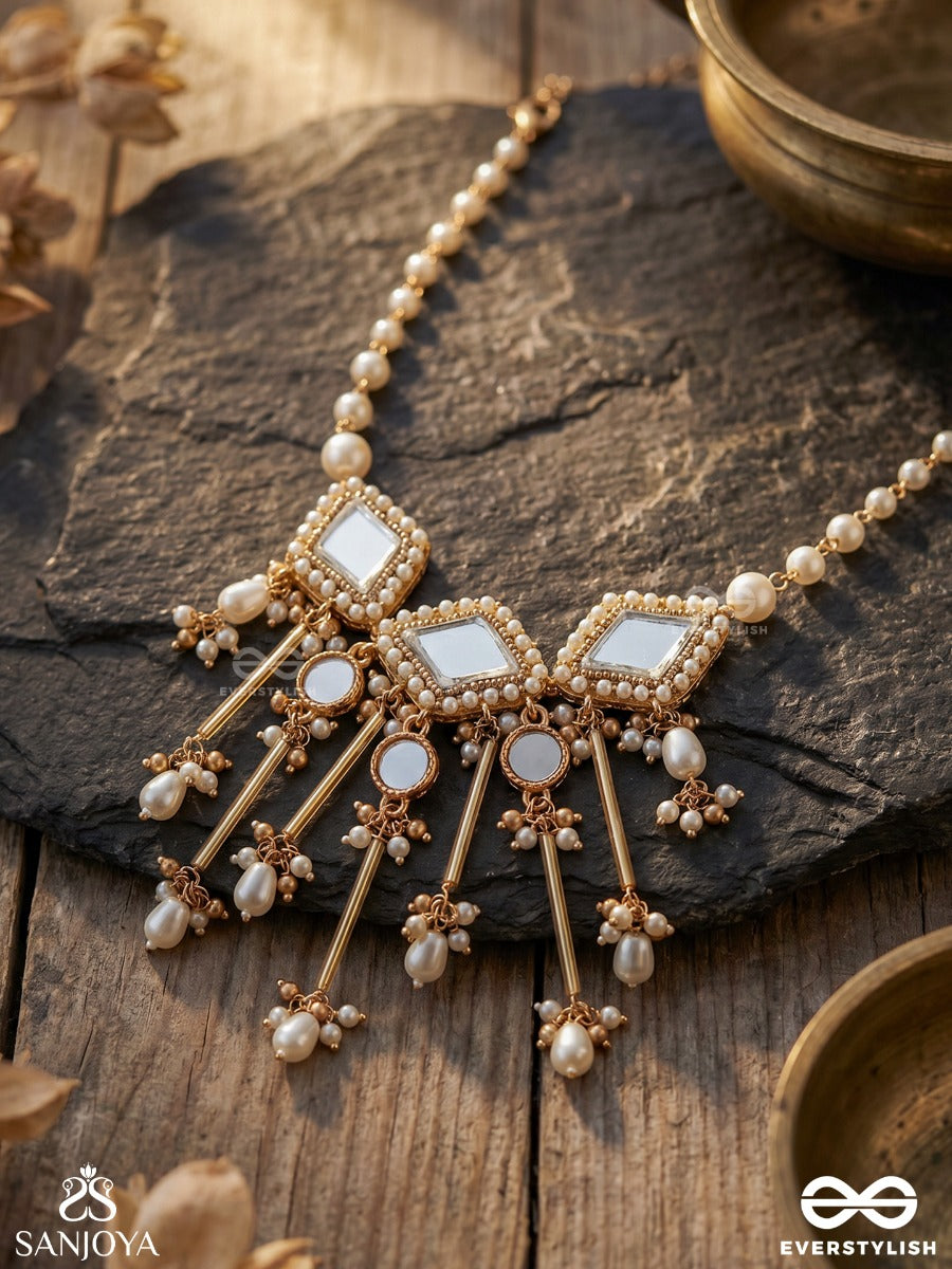 Chitramayi – Full Of Artistry – Heritage Necklace With Geometric Kundan Motifs, Mirror Embellishments, Pearl-Trimmed Chains And Delicate Pearl Danglers