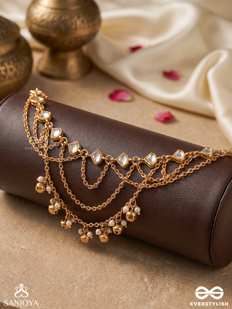 Chandraveni – Moon Braid – Heritage Armlet (Single) With Layered Moon Arches, Pearl Edging, Ghungroo Accents And Golden Detailing