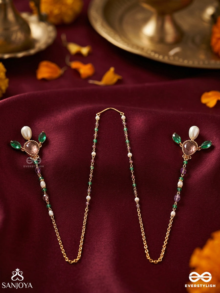 Vanmukhi – Forest-Faced Grace – Elegant Face Let With Green Bead Strands, Floral Side Motifs, Pearl Accents And Delicate Gold-Tone Chains