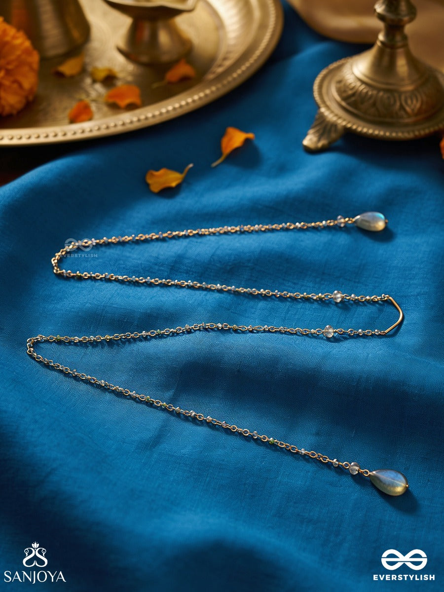 Neerrekha – Water Trace – Elegant Face Let With Slender Gold-Tone Chains, Aqua Teardrop Side Motifs And Delicate Bead Accents