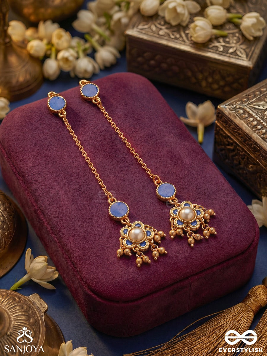 Jyotsnaa – Moonlight – Heritage Earrings With Sahara Ear Chain, Blue Enamel Disc And Pearl Ghungroo Drops