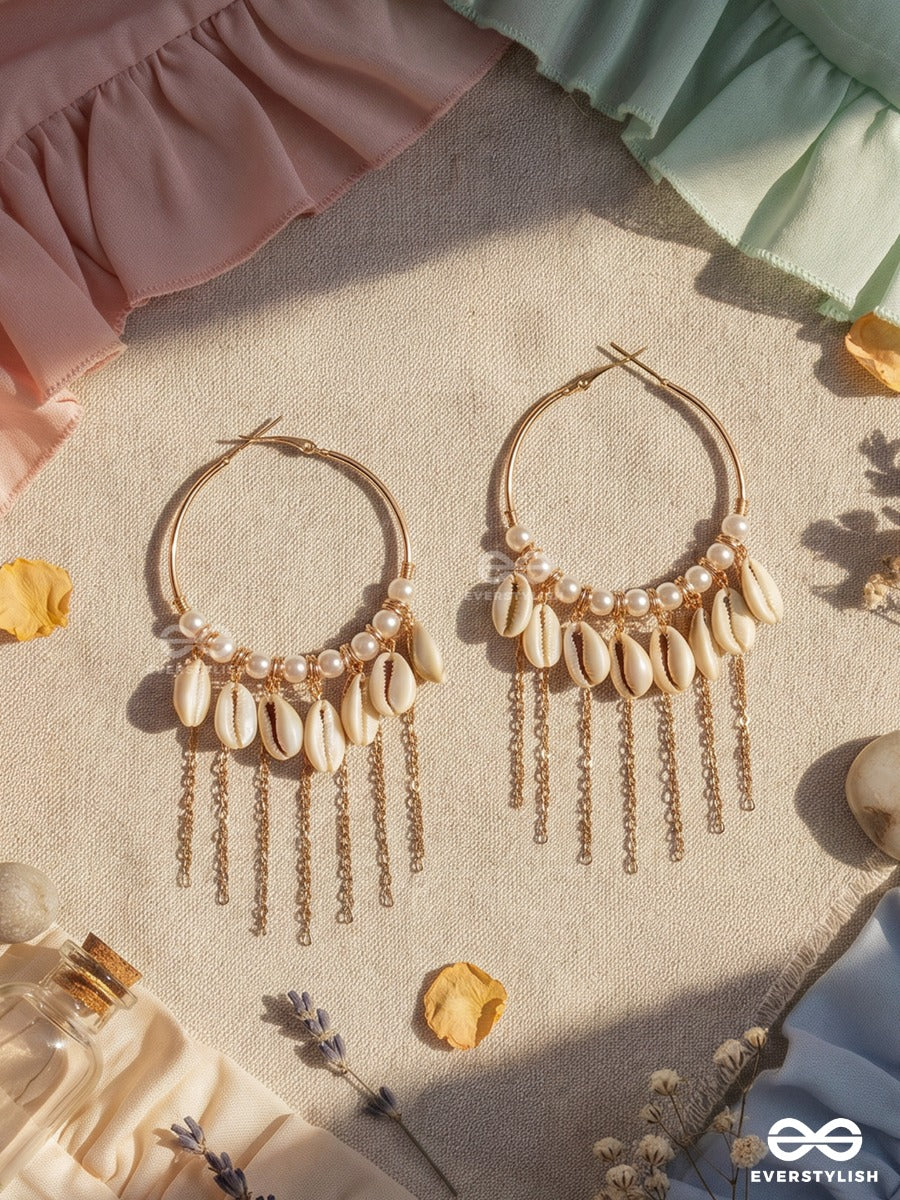 Seaside Charm – Gold Hoop Earrings With Cowrie Shells, Pearls And Cascading Chain Tassels