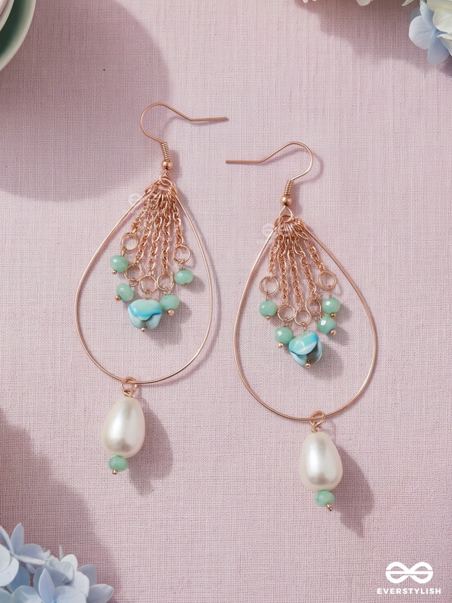 Mint Droplet – Gold Teardrop Earrings With Baroque Pearl, Chain Tassels And Turquoise Beads