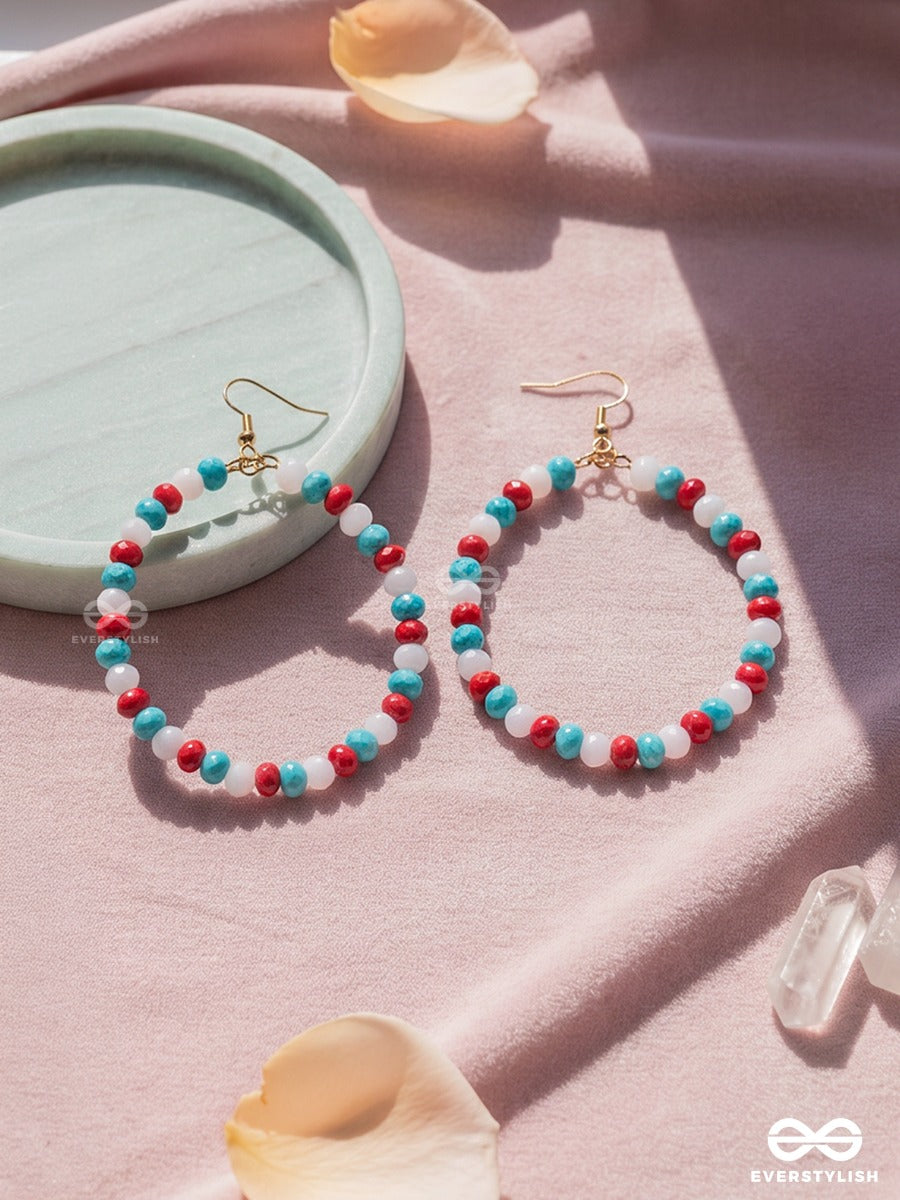 Lagoon Pop – Turquoise, Ruby And Ivory Beaded Oval Hoop Earrings