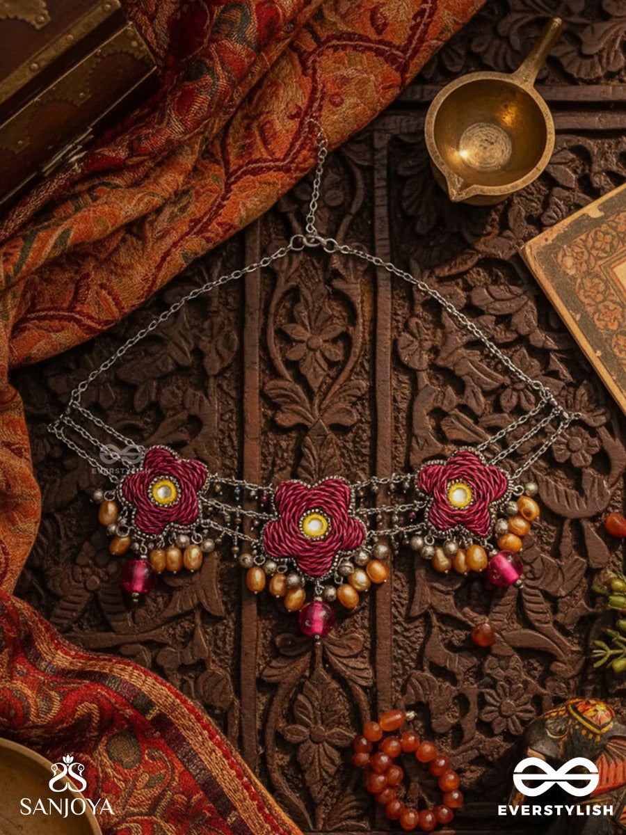 Sumanas - The Burgundy Flowers - Mirror, Resham, Dabka And Glass Drops Hand Embroidered Oxidised Choker Neckpiece