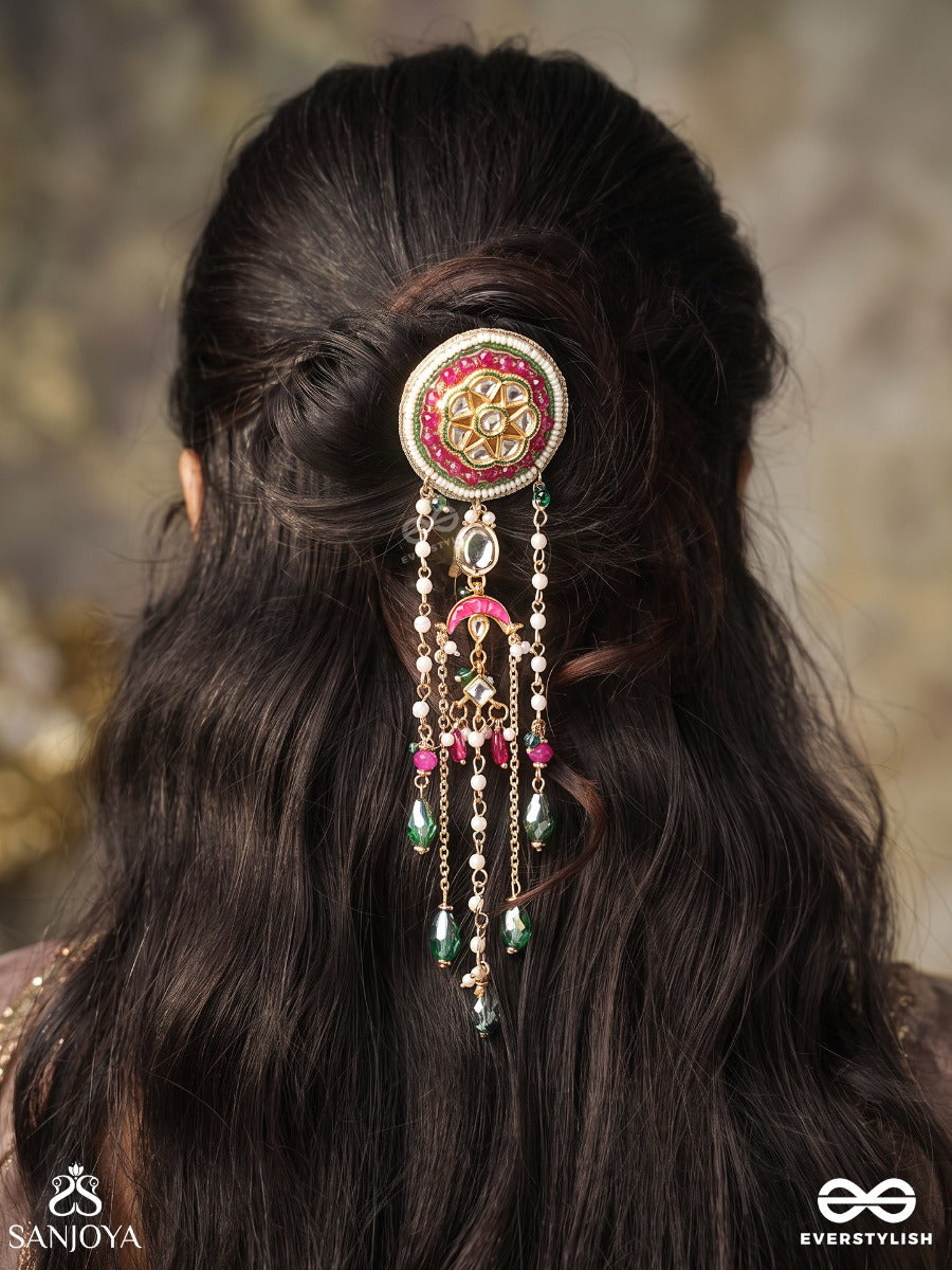 Chitramala – Garland Of Art – Heritage Hair Accessory With Kundan Medallion, Meenakari Detailing, Pearl Chains And Emerald Drops
