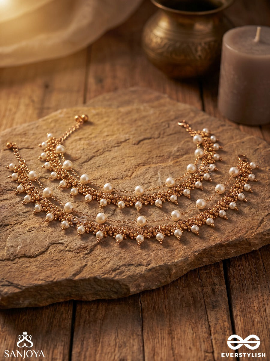 Falgunika – Spring Bloom – Delicate Pajeb (Anklet) Set Of 2 With Pearl Links, Ghungroo Fringes And Golden Chain Details