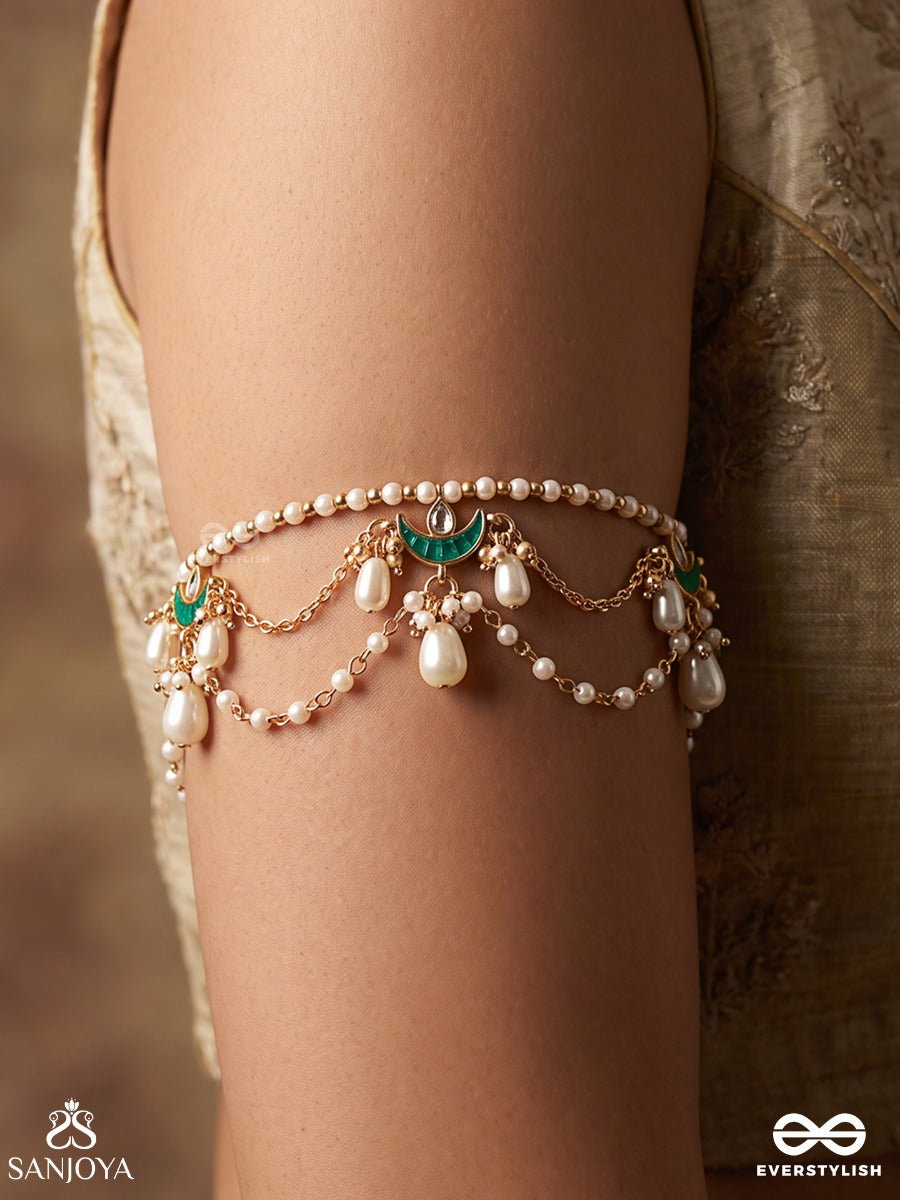 Chandrima – Moonlight – Heritage Armlet (Single) With Triple Pearl Strands, Turquoise Crescent Motifs, Floral Pearl Clusters And Delicate Danglers