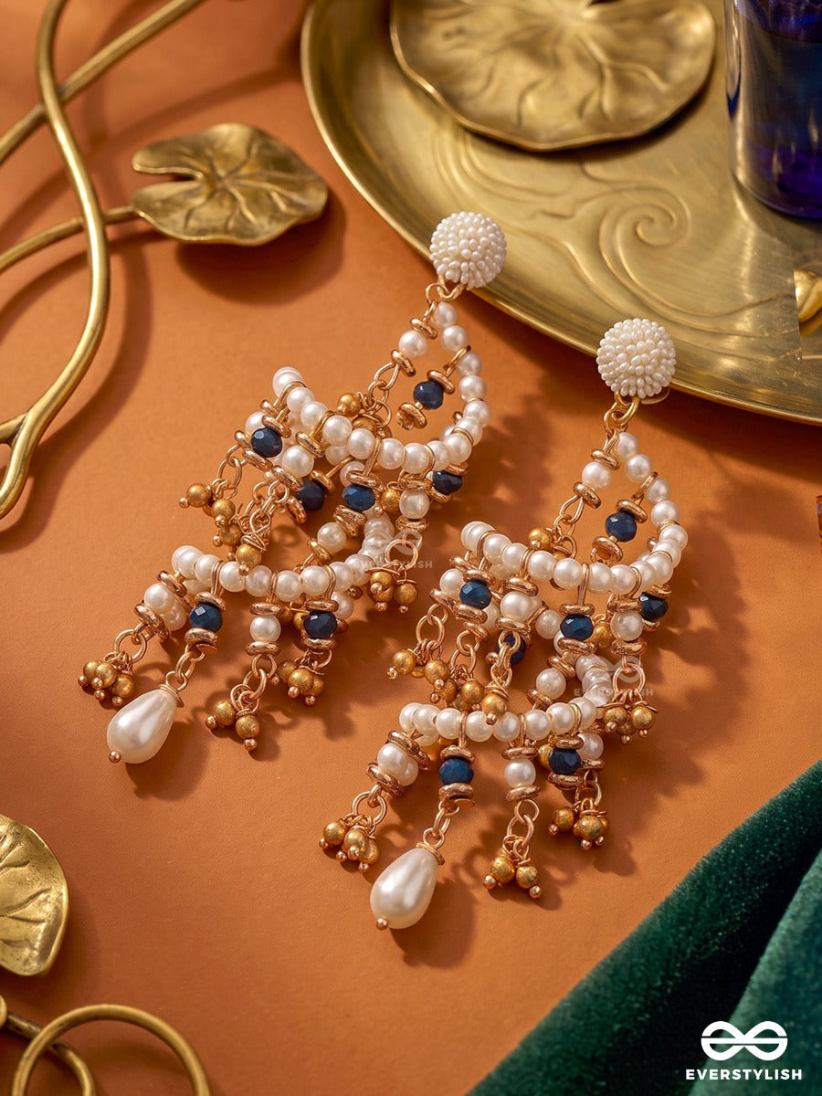 Ivory Galaxy – Pearl Spiral Earring With Golden And Midnight Blue Bead Crystals