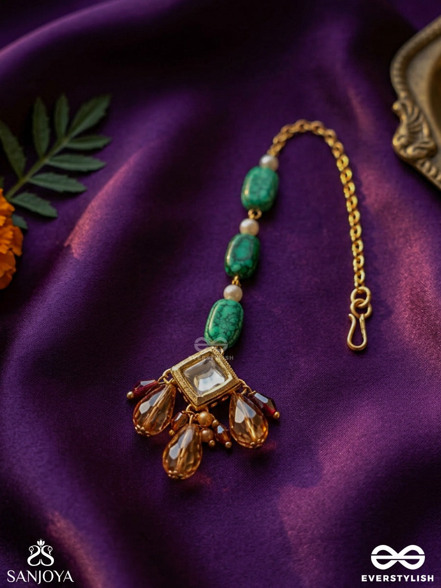 Pravaalika – Coral Beauty – Ornate Maangtika With Carved Emerald Beads, Kundan Centre And Amber Drop Accents