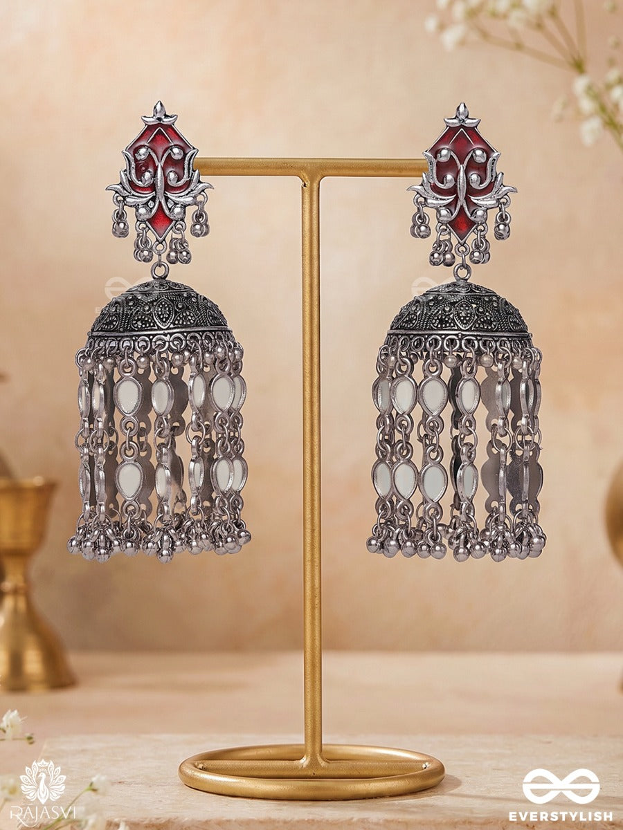 Tamrashree – Oxidised Tassel Earrings With Crimson Enamel Motifs, Coin Cascades And Ghungroo Details