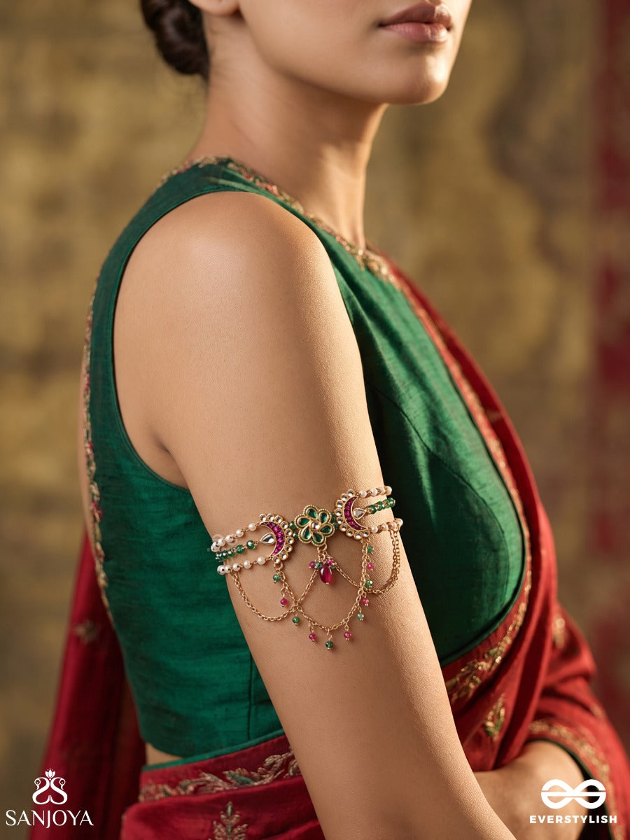 Manimala – Garland Of Gems – Heritage Armlet (Single) With Pearl Strands, Floral Centre Motif, Pink Meenakari Crescents And Emerald Beadwork