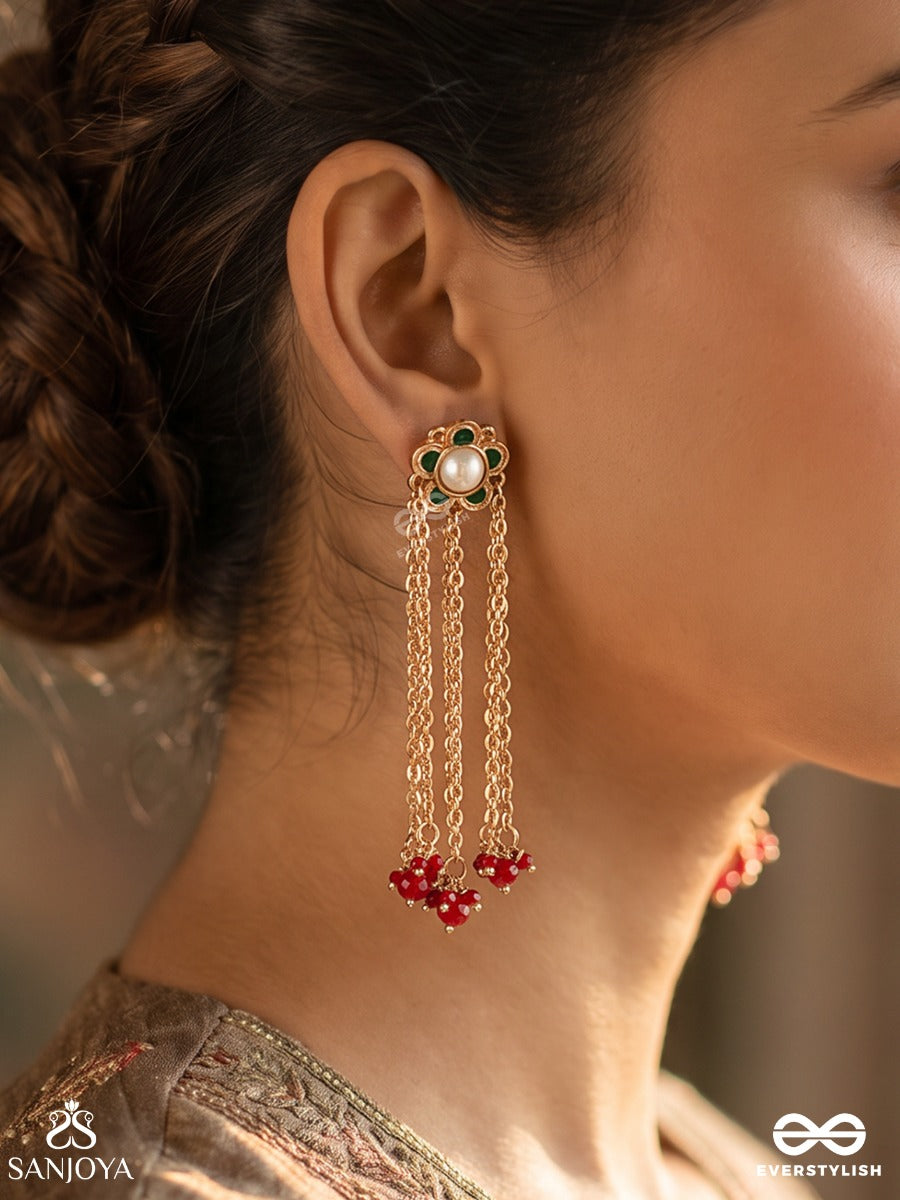 Kinjalka – Flower Filament – Heritage Earrings With Floral Mirror Tops, Cascading Golden Chains And Ruby-Red Bead Clusters