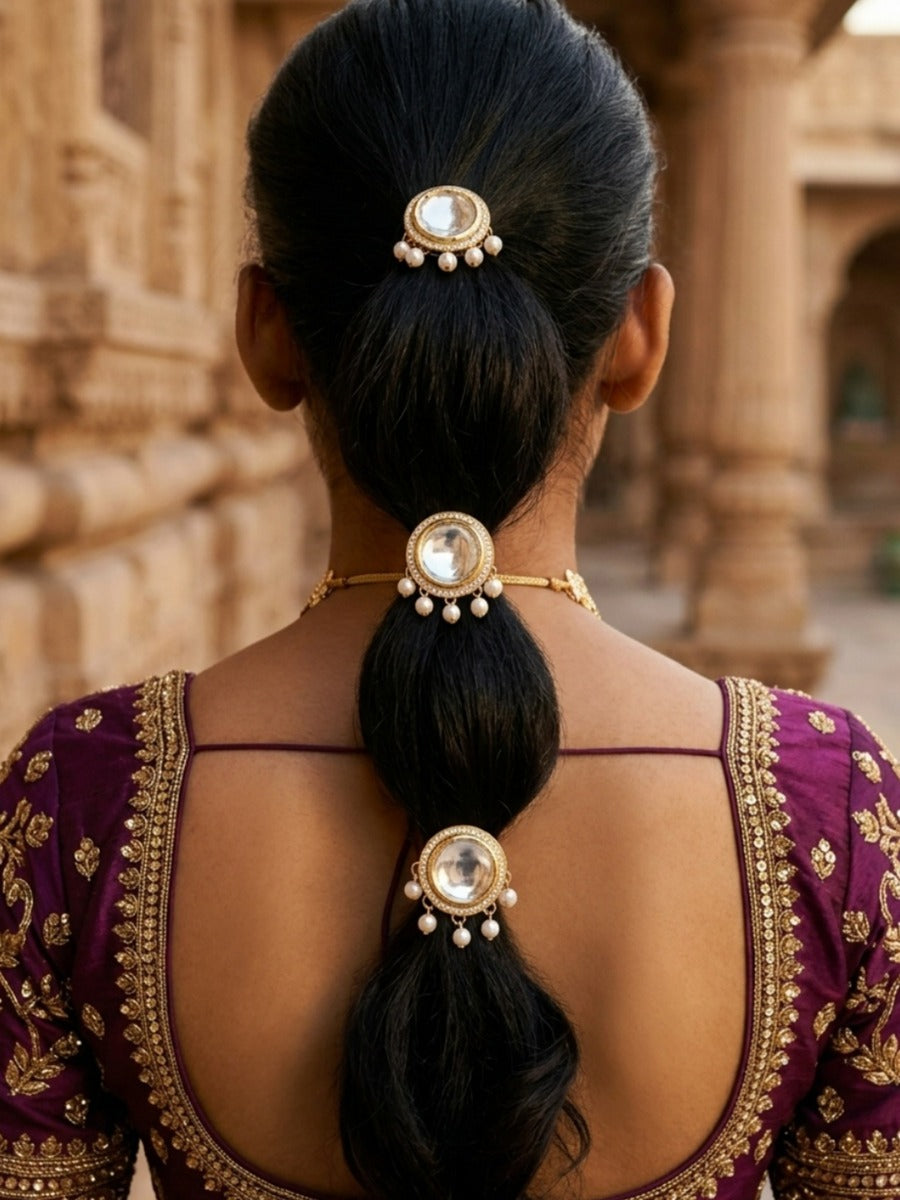 Darpani - Beautiful Reflection - Pack Of 3 Hair Accessories With Round Mirror Kundan Motifs, Pearl Drops And Ornate Golden Detailing