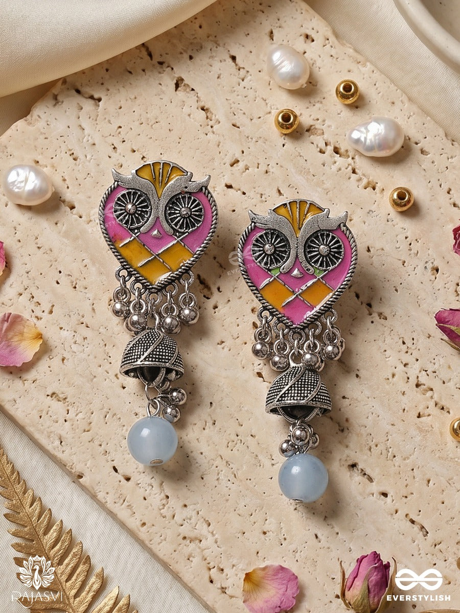 Nishapankhi – Oxidised Enamel Earrings With Owl Motifs, Tribal Charms And Sky Blue Bead Drops