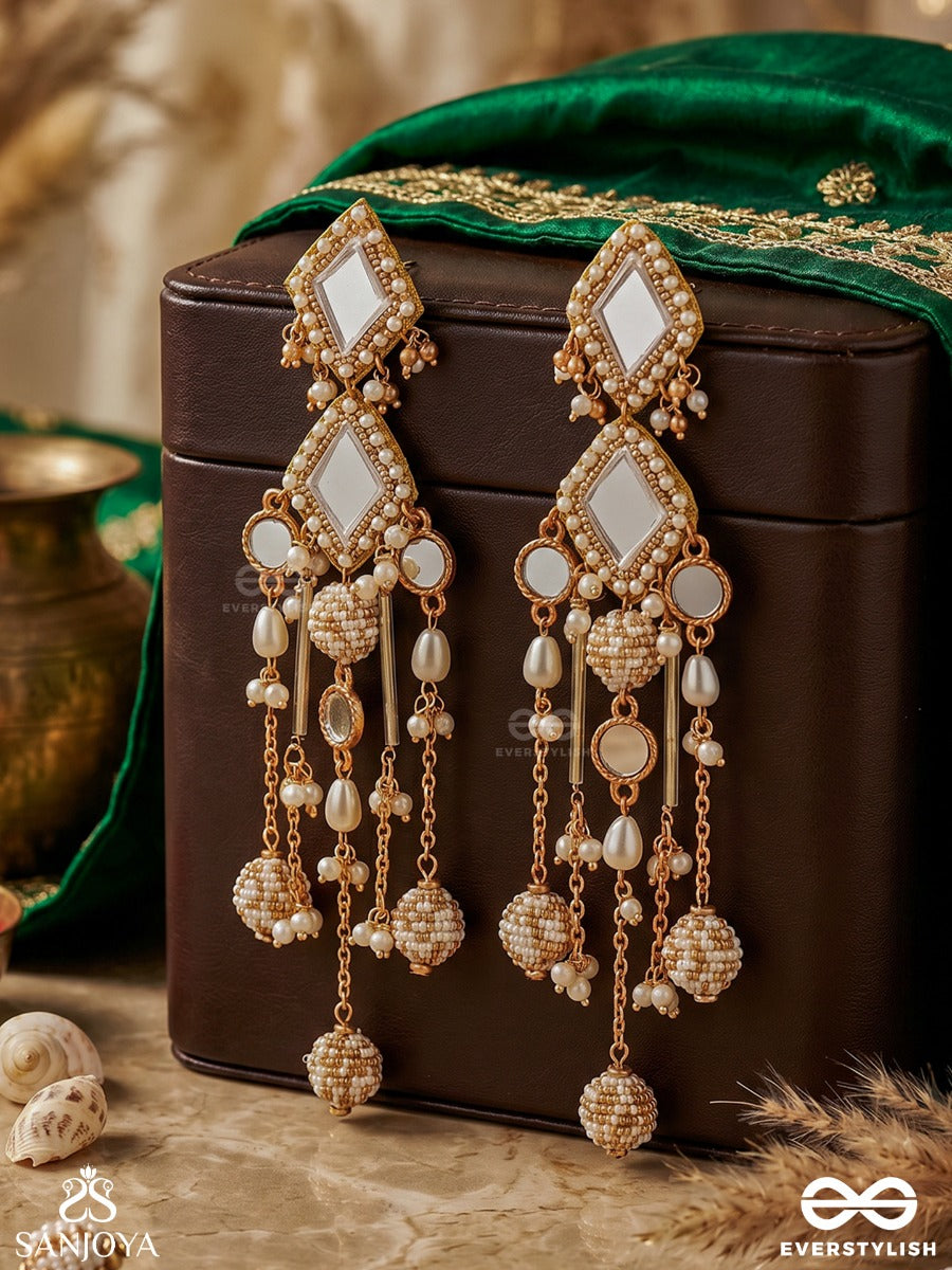 Chitramayi – Full Of Artistry – Chandelier Earrings With Geometric Kundan Motifs, Mirror Embellishments, Pearl Tassels And Golden Links