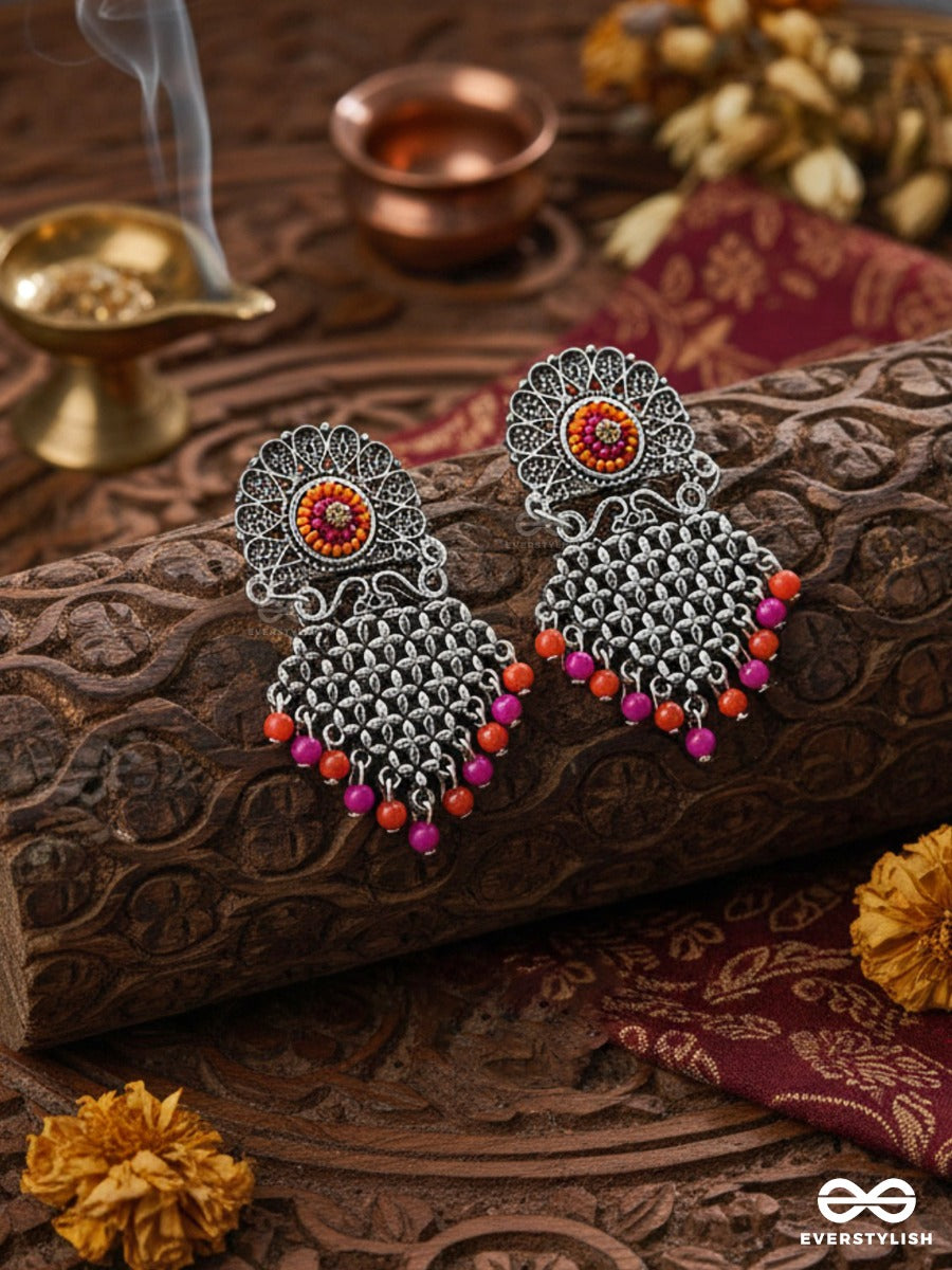The Criss-Cross Embroidered Sun (Pink) - Embroidered Oxidised Earrings