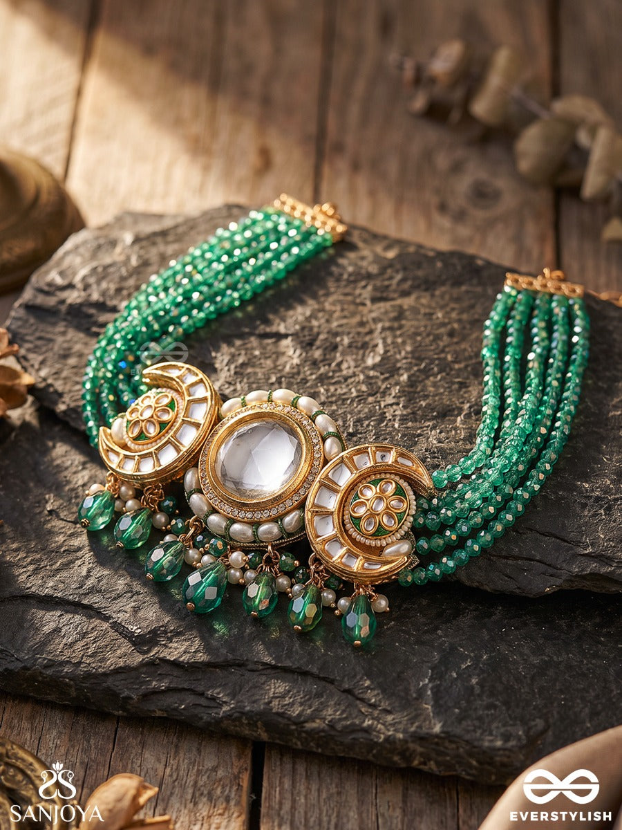 Harinika – Emerald Grace – Heritage Choker With Multi-Strand Green Beadwork, Mirror Kundan Floral Motif And Pearl Accents