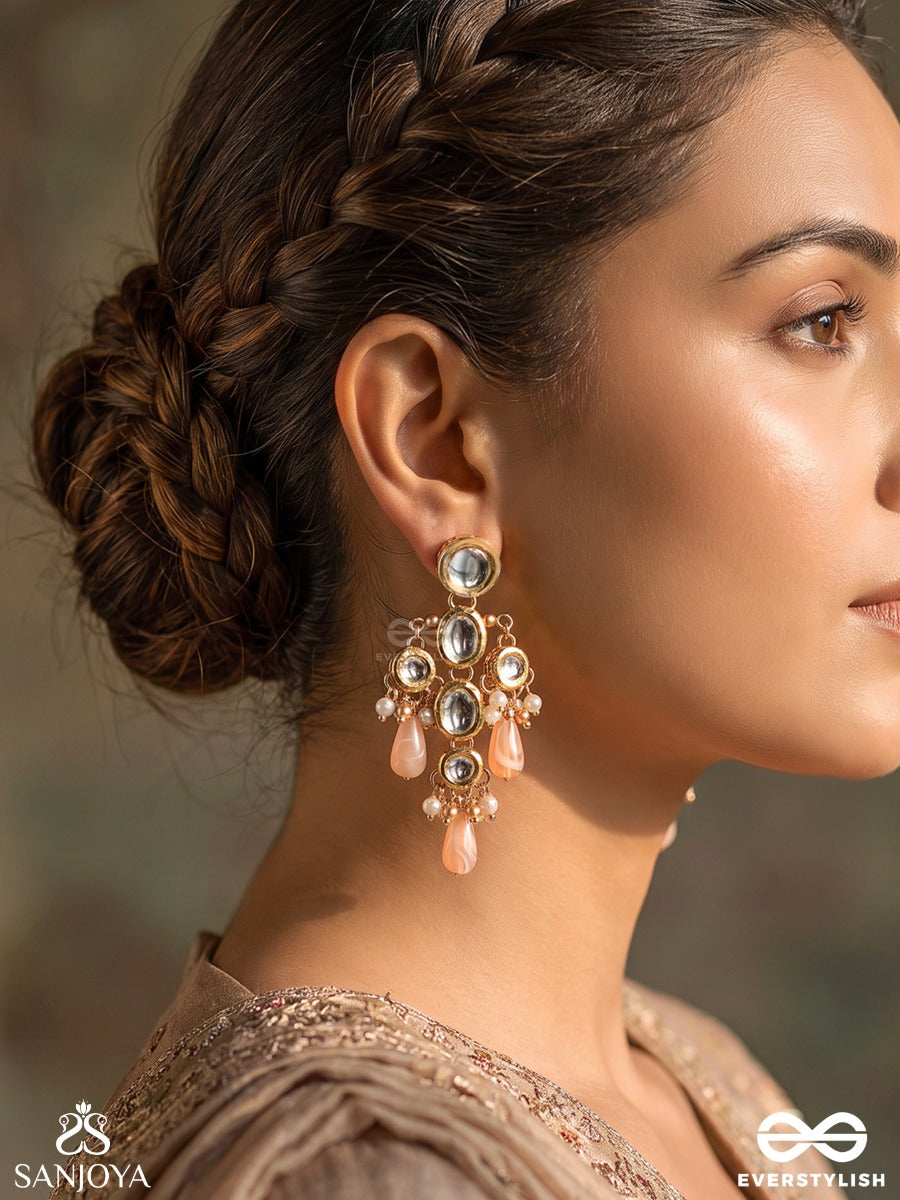 Tavishi – Radiant Grace – Heritage Earrings With Mirror Kundan Motifs, Blush Pink Teardrop Danglers And Pearl Accents