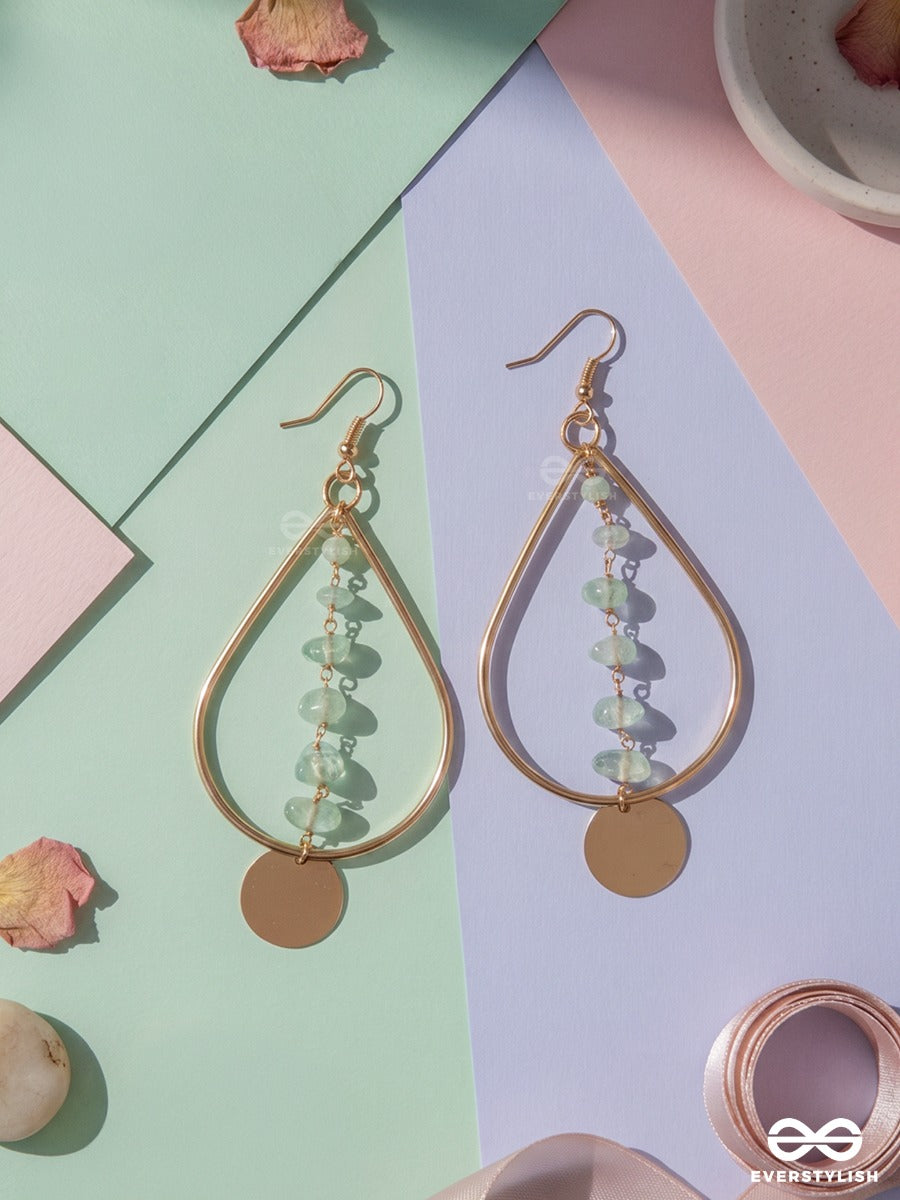 Ocean Medallion – Gold Teardrop Earrings With Sea Glass Beads And Aqua Crystals