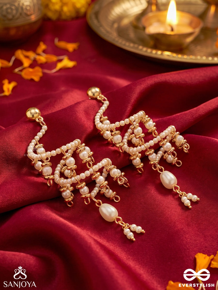 Sarangika – Melodious Beauty – Sculptural Earrings With Spiral Pearl Coils, Golden Accents And Lustrous Pearl Pendants