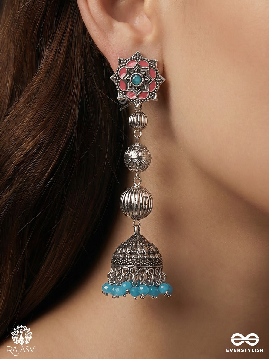 Neelkamini – Oxidised Jhumka Earrings With Pink Floral Studs, Turquoise Centres And Aqua Bead Fringe