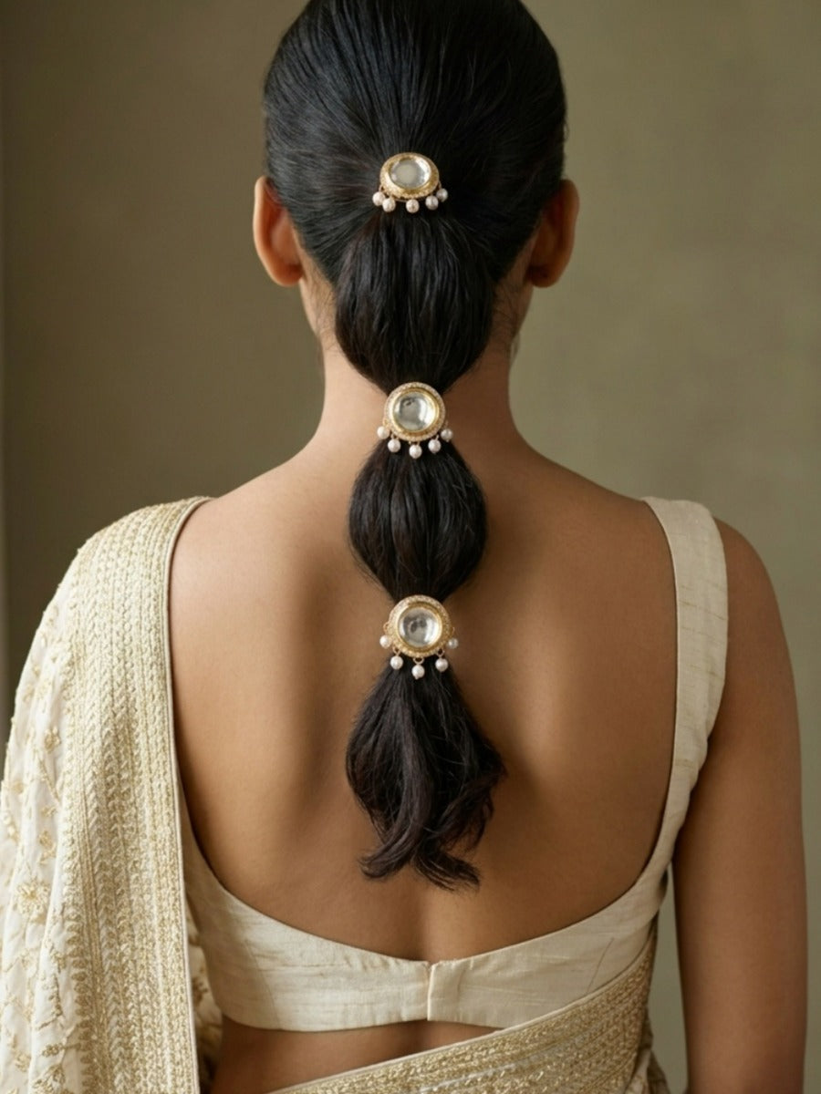 Darpani - Beautiful Reflection - Pack Of 3 Hair Accessories With Round Mirror Kundan Motifs, Pearl Drops And Ornate Golden Detailing