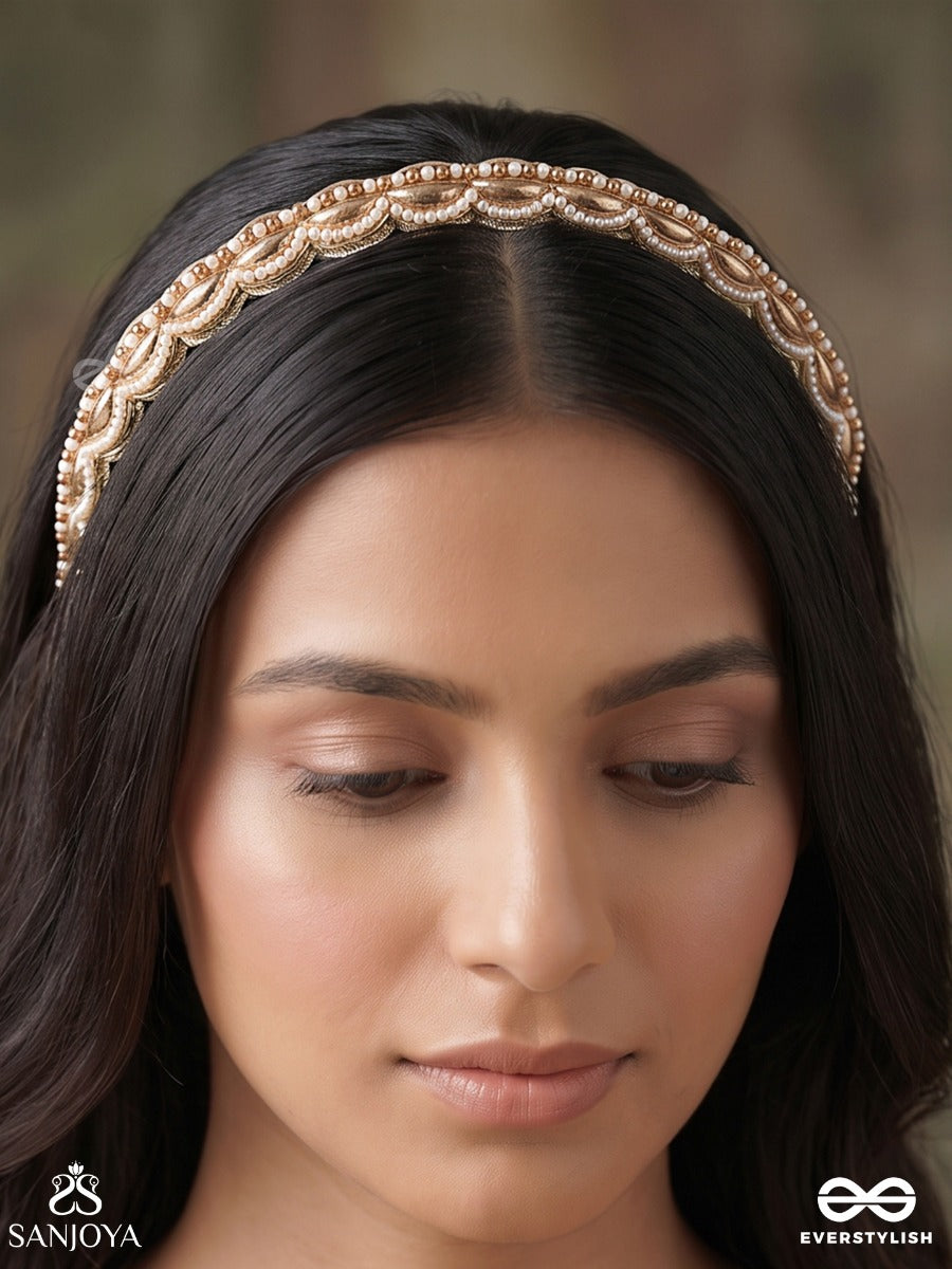 Punarnava – Ever-Renewing – Heritage Hair Band With Shell Embellishments, Pearl Rows And Ornamental Borders