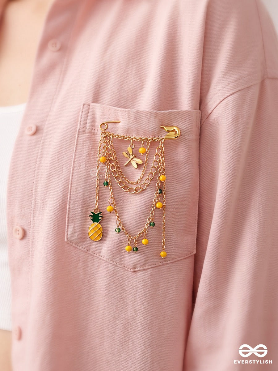 Tropic Twinkle – Gold-Tone Brooch Pin With Pineapple, Dragonfly And Bead Cascade