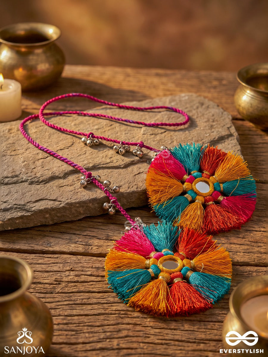 Chitrapankhi – Colourful Wings – Boho Juda Hair Accessory With Multicolour Thread Rosettes, Mirror Work And Ghungroo Charms