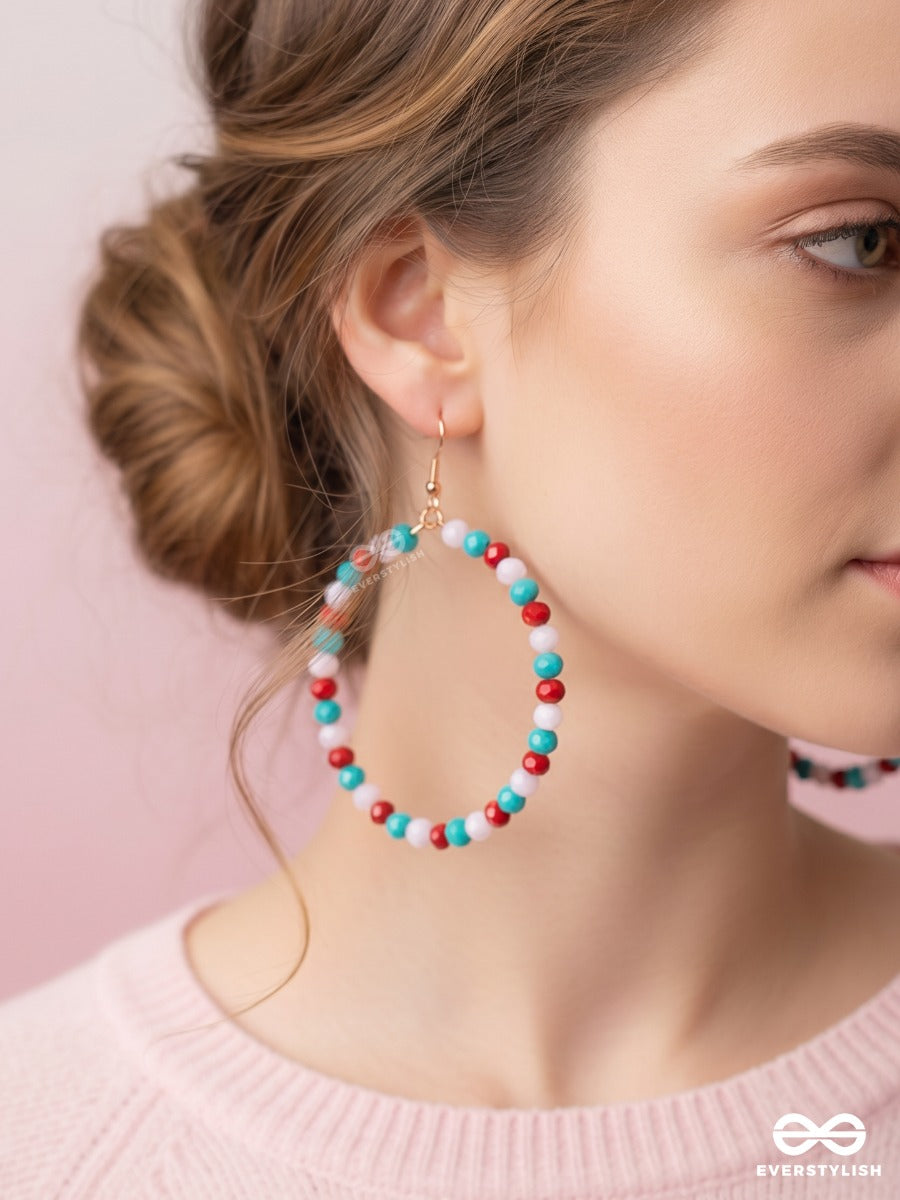 Lagoon Pop – Turquoise, Ruby And Ivory Beaded Oval Hoop Earrings