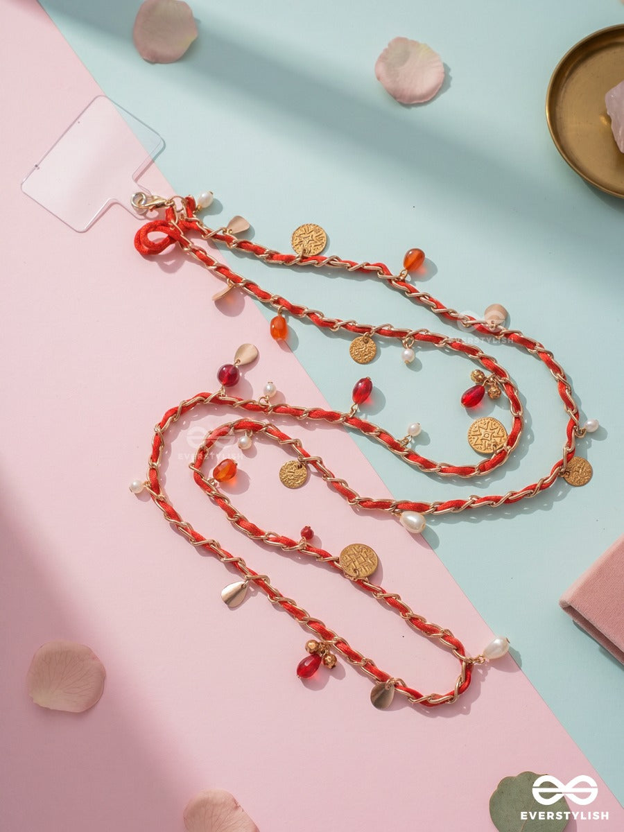 Crimson Charm – Braided Phone Sling With Gold Coins, Pearls And Red Beads