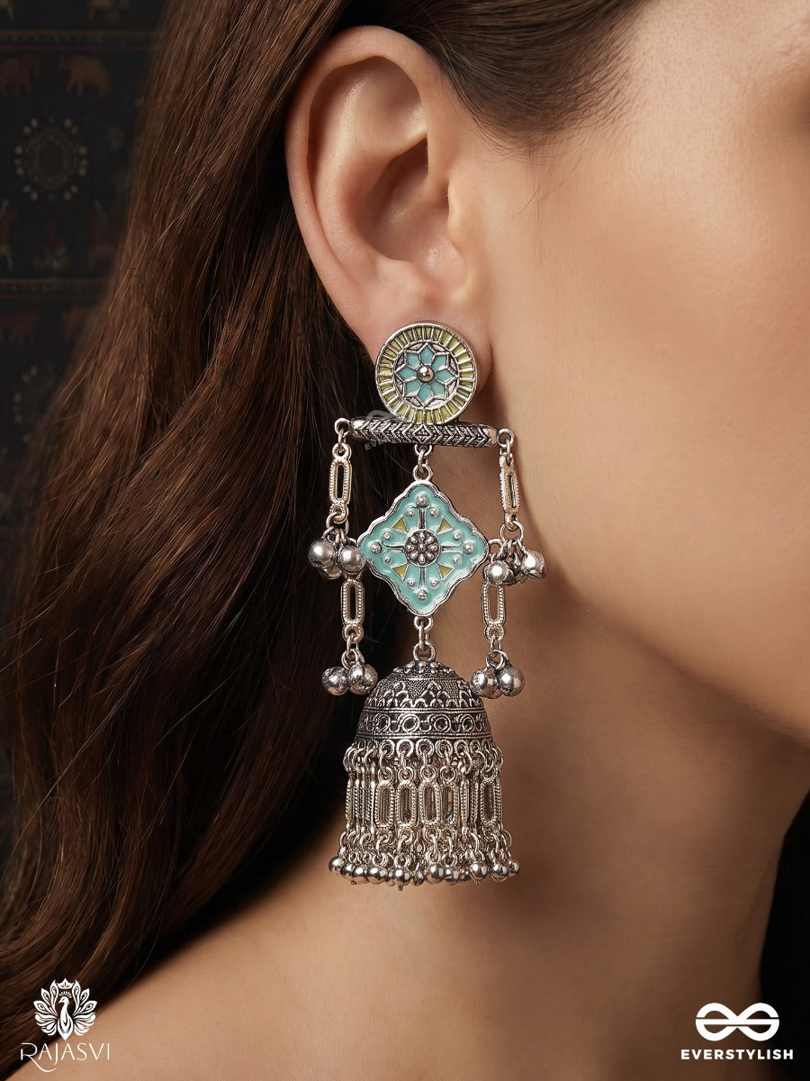 Firozmala – Oxidised Jhumka Earrings With Turquoise Enamel And Ornate Filigree