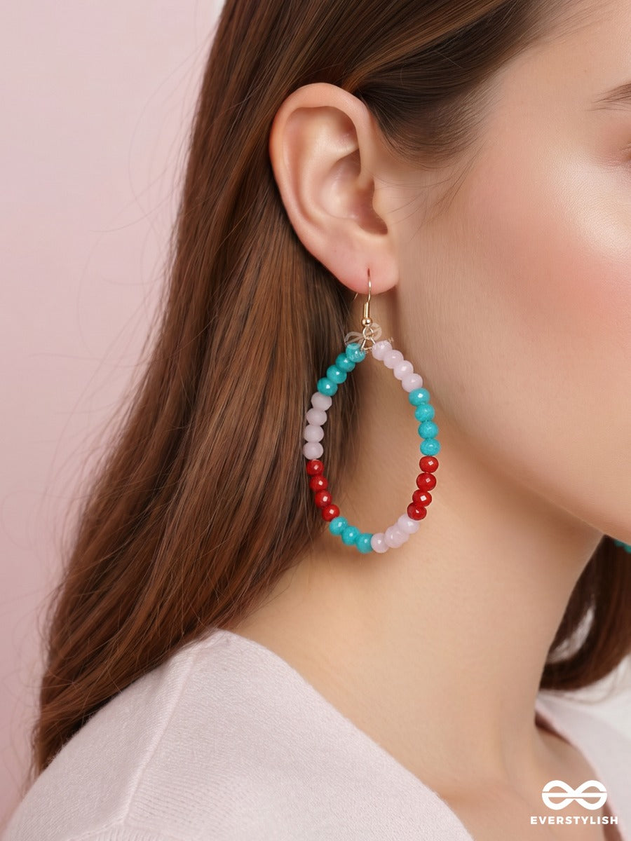Cotton Candy – Turquoise, Blush And Ruby Beaded Oval Hoop Earrings