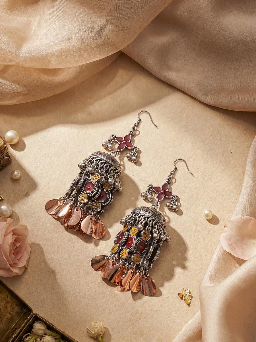Rangmadhuri – Oxidised Jhumka Earrings With Maroon Enamel, Tribal Panels And Rose Gold Leaf Drops