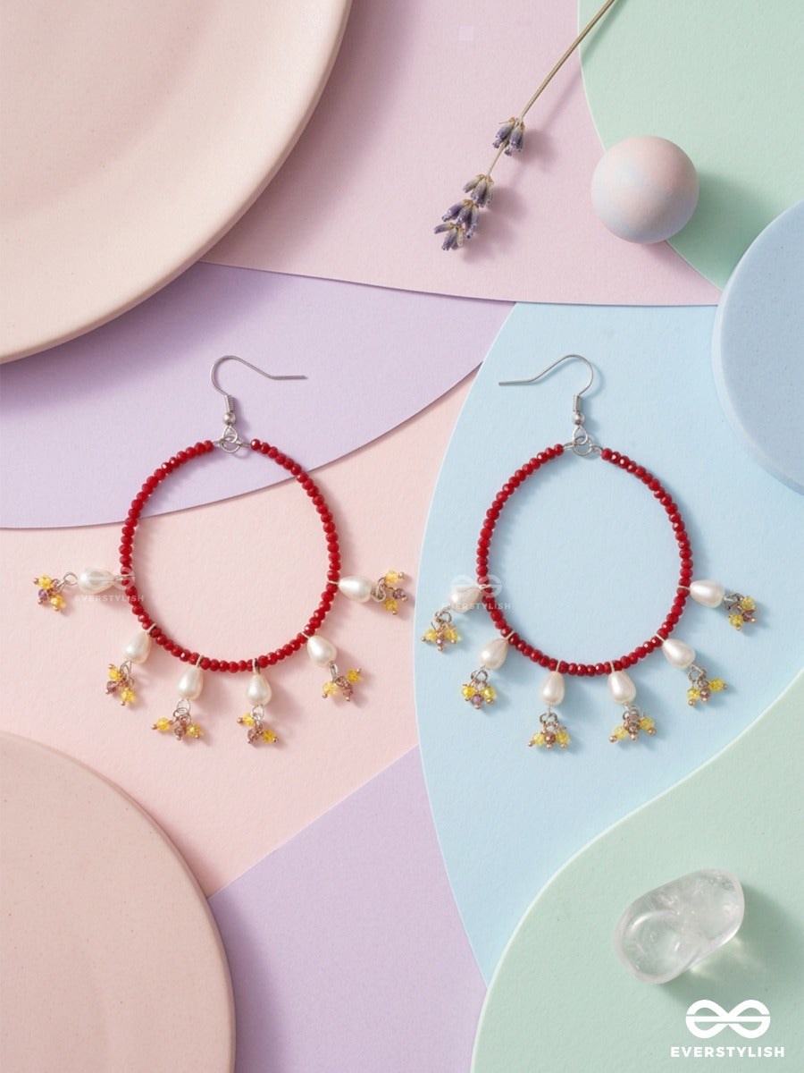 Scarlet Daisy – Red Beaded Hoop Earrings With Pearl And Floral Charms
