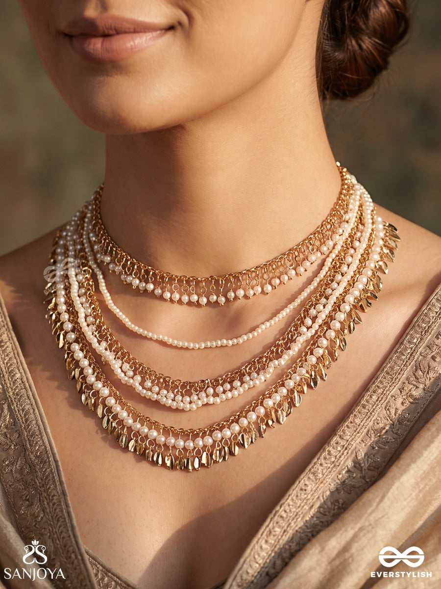Kashvi – Shining Beauty – Multi-Purpose 3-In-1 Layered Chain With Cascading Pearl Strands, Golden Links And Delicate Drop Accents