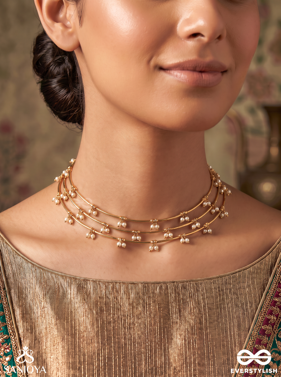 Navyalekha – New Expression – Delicate Layered Choker With Floral Pearl Clusters And Fine Golden Chains