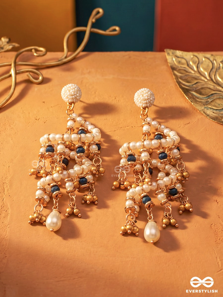 Ivory Galaxy – Pearl Spiral Earring With Golden And Midnight Blue Bead Crystals